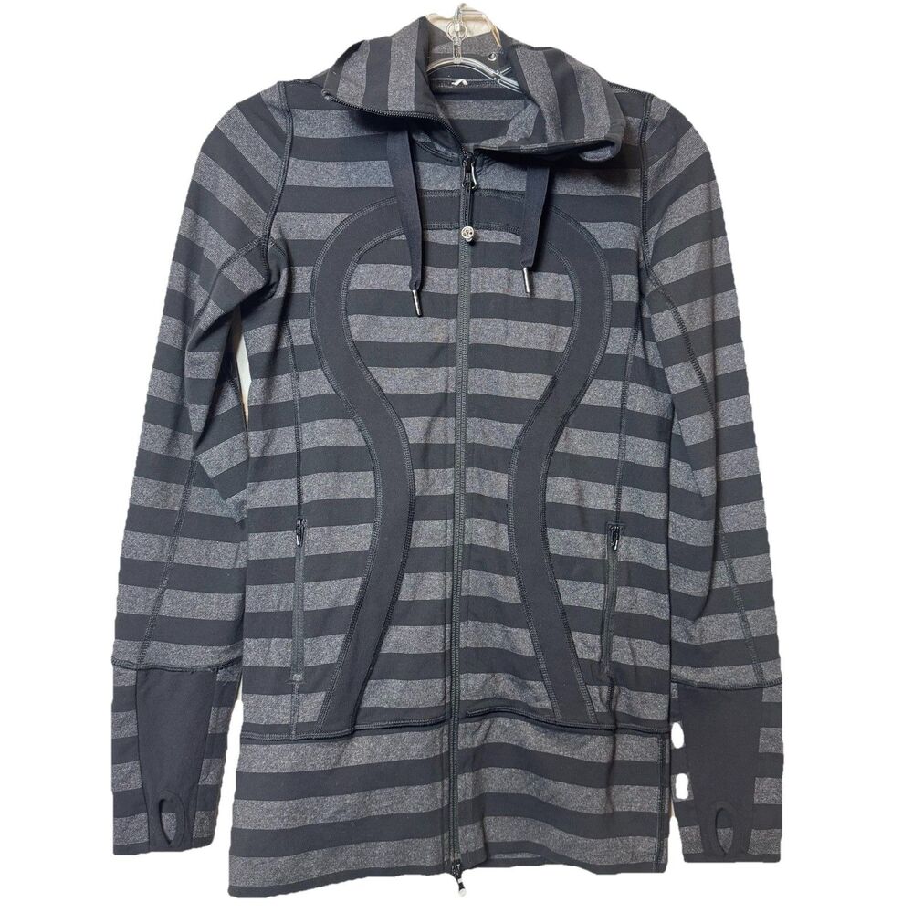 Lululemon Stride Jacket Black Gray Striped Hoodie Thumbholes Full Zip Women’s 2